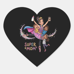 Pegatina En Forma De Corazón Super Mamá: Ilustración de Madre Heroína con Tres
