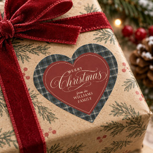 Pegatina En Forma De Corazón Tartan Plaid Azul Marino Feliz Navidad Familia