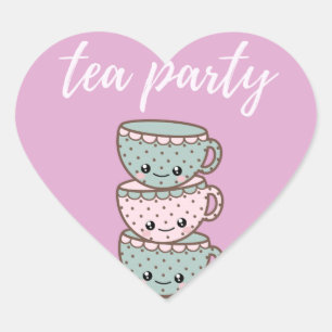 Pegatina En Forma De Corazón Tea Fiesta Tacups Ilustrados Rosa