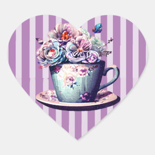 Pegatina En Forma De Corazón Teacup antiguo bonito con flores vintage