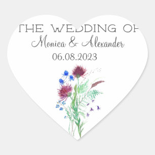 Pegatina En Forma De Corazón Thistle Floral Scottish Watercolor Wedding Party