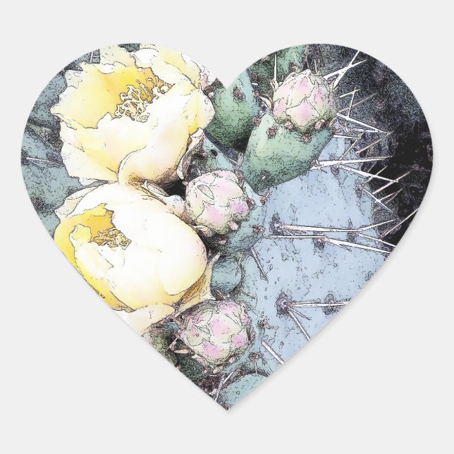 Pegatina En Forma De Corazón Tinta digital de flor de cactus (Anverso)