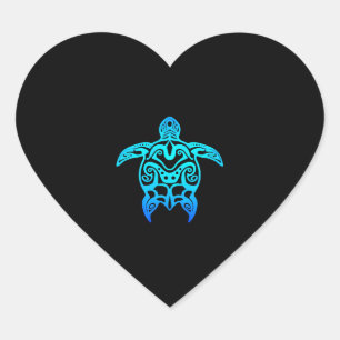 Pegatina En Forma De Corazón Tortuga oceánica azul tribal hawaiana