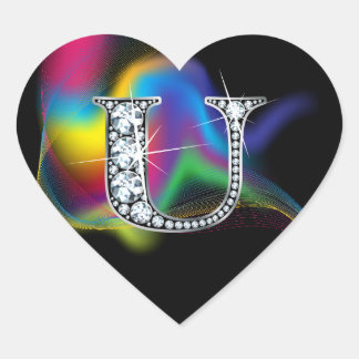 Pegatina En Forma De Corazón "U" Diamond Bling sobre Rainbow Swirl Heart Pegati