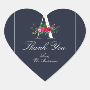 Pegatina En Forma De Corazón Un Monograma Último Boda floral azul moderno inici