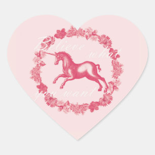 Pegatina En Forma De Corazón Unicornio rosa y flores