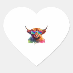 Pegatina En Forma De Corazón Vaca escocesa de Highland en agua colorida de gafa