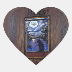 Pegatina En Forma De Corazón    Ventana iluminada por la luna: obra de arte hec
