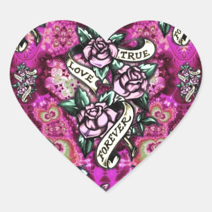 Pegatina En Forma De Corazón Verdadero amor para siempre rosas y pancartas psic