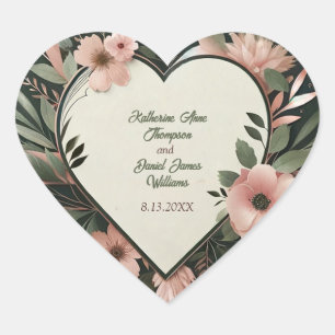 Pegatina En Forma De Corazón Verde oscuro y Boda floral rosa Rubor