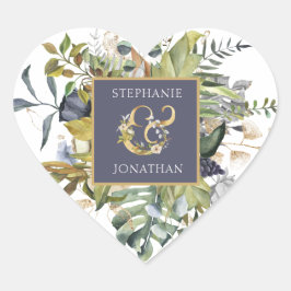 Pegatina En Forma De Corazón Verde y azul tropical con ampersand dorado