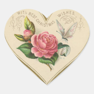 Pegatina En Forma De Corazón Vintage Christmas Rosa y mariposa