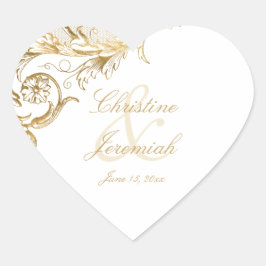 Pegatina En Forma De Corazón Vintage Gold Floral Damask Script White Boda He