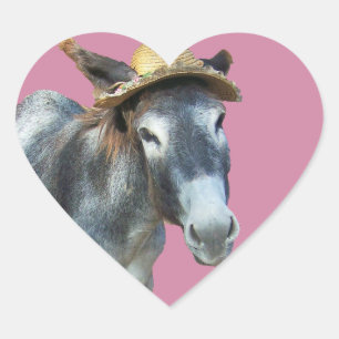 Pegatina En Forma De Corazón Violeta el burro en gorra de paja con las flores