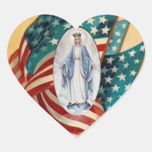 Pegatina En Forma De Corazón Virgen María bendecido de la bandera americana de