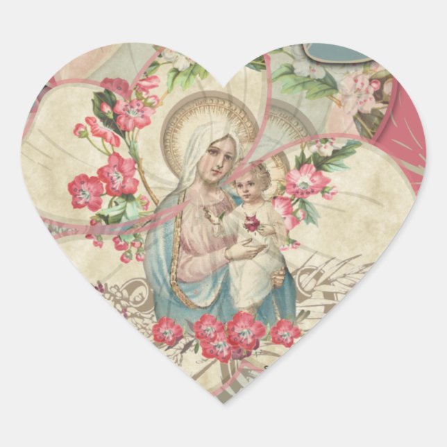 Pegatina En Forma De Corazón Virgen Religiosa María Niño Jesús Pétalos Florales (Anverso)