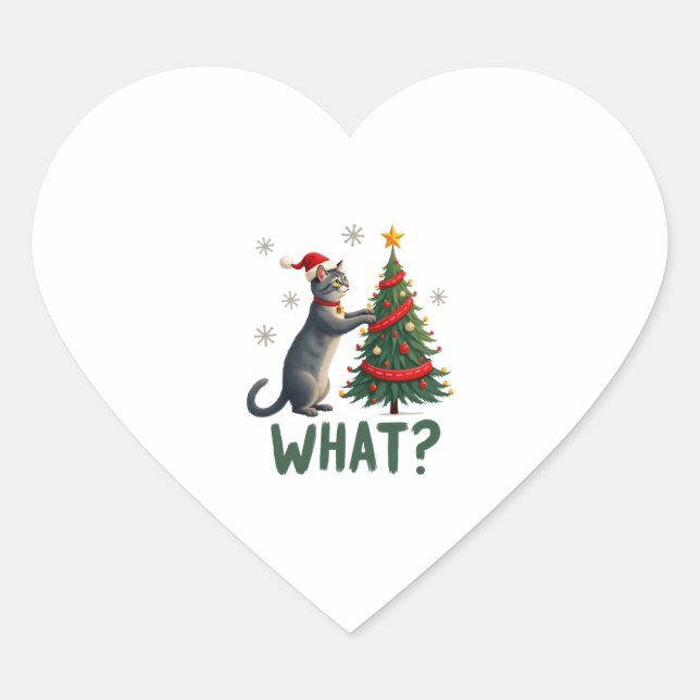 Pegatina En Forma De Corazón What Funny Cat Pushing Christmas Tree Over Cat Xma (Anverso)