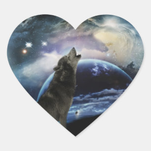 Pegatina En Forma De Corazón Wolf gritando en la luna