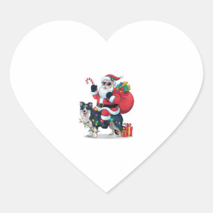 Pegatina En Forma De Corazón Xmas Iluminando Santa Riding Border Collie Dog Chr