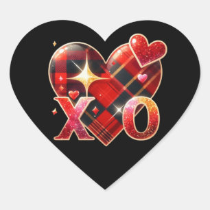 Pegatina En Forma De Corazón XO Heart Love Black Red Plaid