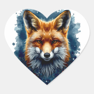 Pegatina En Forma De Corazón Zorro Acuarela Luna Bosque Animal Estética