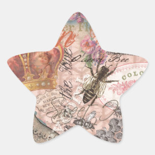 Pegatina En Forma De Estrella Abeja Reina Vintage Hermoso Collage