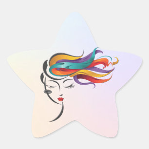 Pegatina En Forma De Estrella Abstracta mujer con colorido arte en el pelo