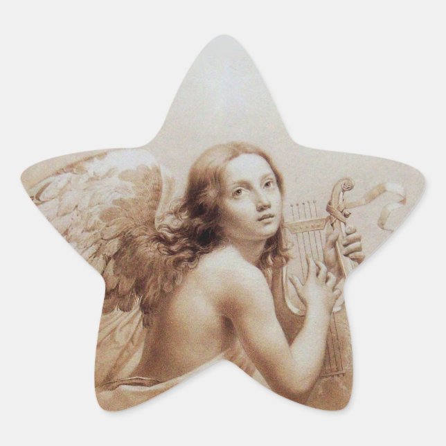 PEGATINA EN FORMA DE ESTRELLA ANGEL JUGANDO LYRA SOBRE LAS NUBES (Anverso)