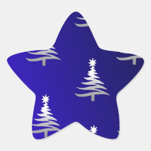 Pegatina En Forma De Estrella Árboles de Navidad Plateados sobre Azul Cobalto