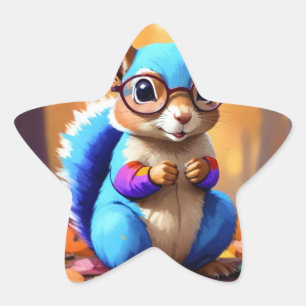 Pegatina En Forma De Estrella Ardilla Azul Cubierta Sentada En La Hierba
