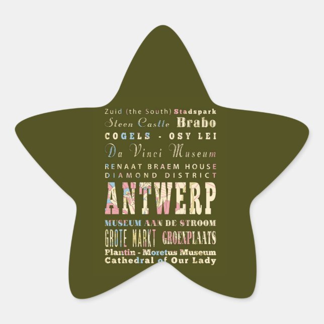 Pegatina En Forma De Estrella Atracciones y lugares famosos de Amberes, Bélgica. (Anverso)