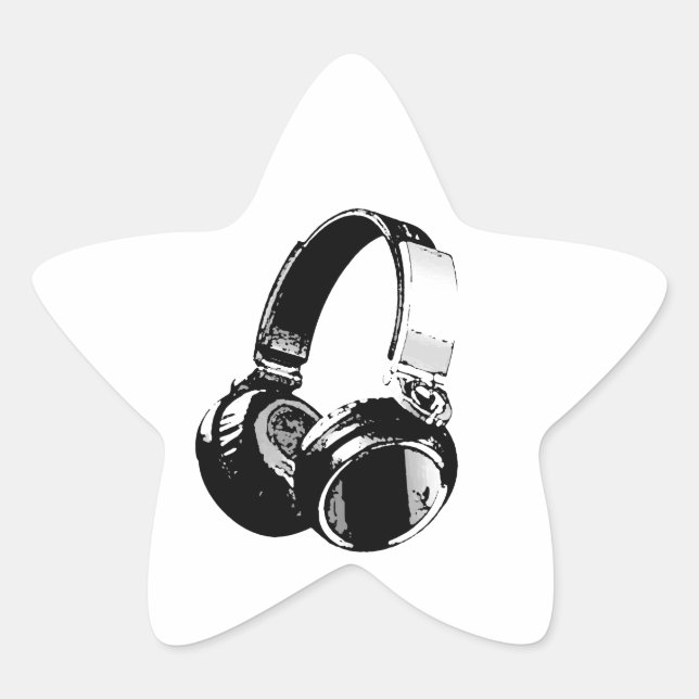 Pegatina En Forma De Estrella Auriculares de arte pop blanco y negro (Anverso)