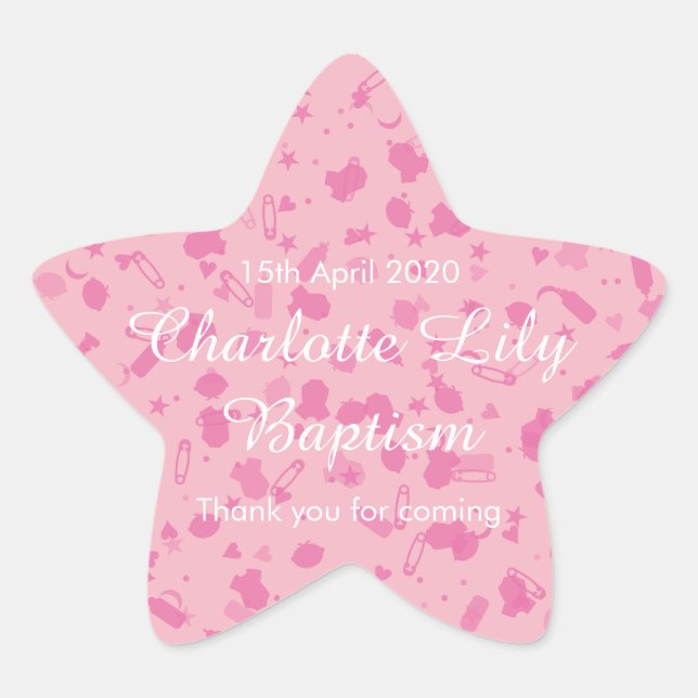 Pegatina En Forma De Estrella Baby Pink Confetti Baptism Christening Favor (Anverso)