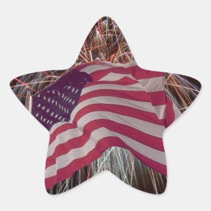 Pegatina En Forma De Estrella Bandera estadounidense y fuegos artificiales