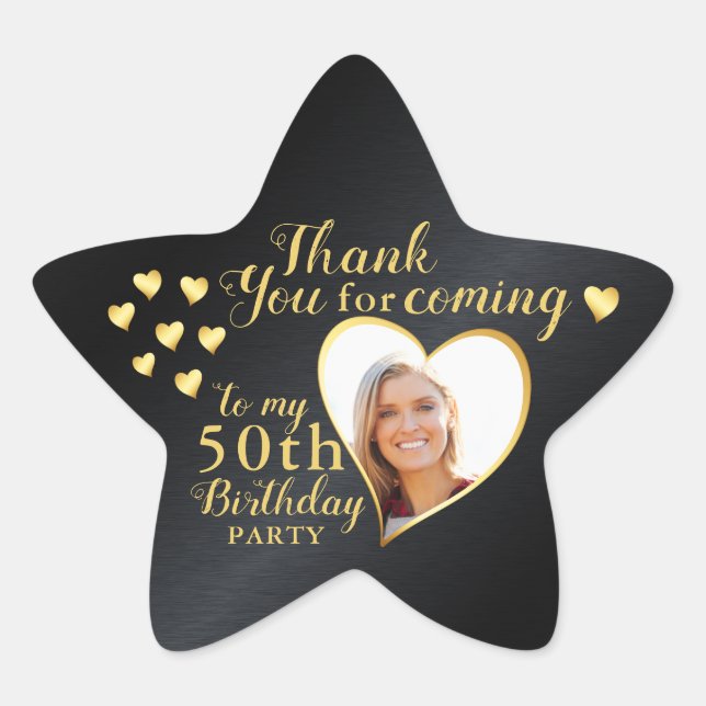 Pegatina En Forma De Estrella Black and Gold 50th Birthday Photo Thank You (Anverso)