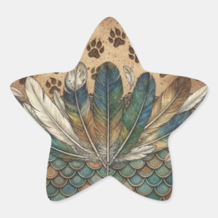 Pegatina En Forma De Estrella Boho Plumas y Huellas de Pata Terroso Espiritual A