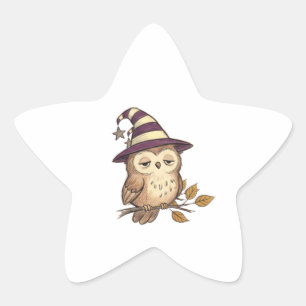 Pegatina En Forma De Estrella Búho Nocturno Soñoliento con Sombrero de Bruja Mor