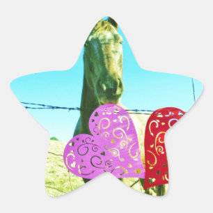 Pegatina En Forma De Estrella Caballo rubio y corazón rosado y rojo