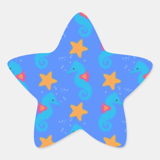 Pegatina En Forma De Estrella Caballos De Mar Azules Y Patrón De Starfish (Anverso)