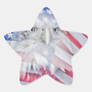 Pegatina En Forma De Estrella Cabeza de águila calva y bandera estadounidense
