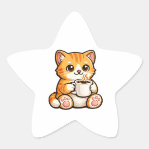 Pegatina En Forma De Estrella Café de Gato Adorable – Gato Naranja Acogedor Bebi