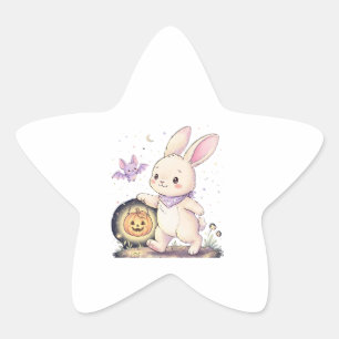 Pegatina En Forma De Estrella Conejito de Halloween con linterna de calabaza y m
