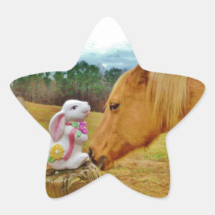 Pegatina En Forma De Estrella Conejo blanco y caballo amarillo