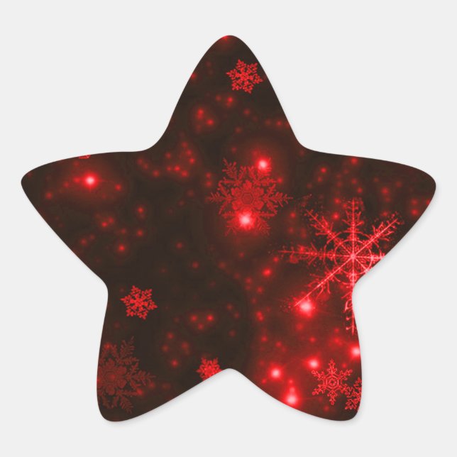 Pegatina En Forma De Estrella Copos de nieve en fondo rojo profundo (Anverso)