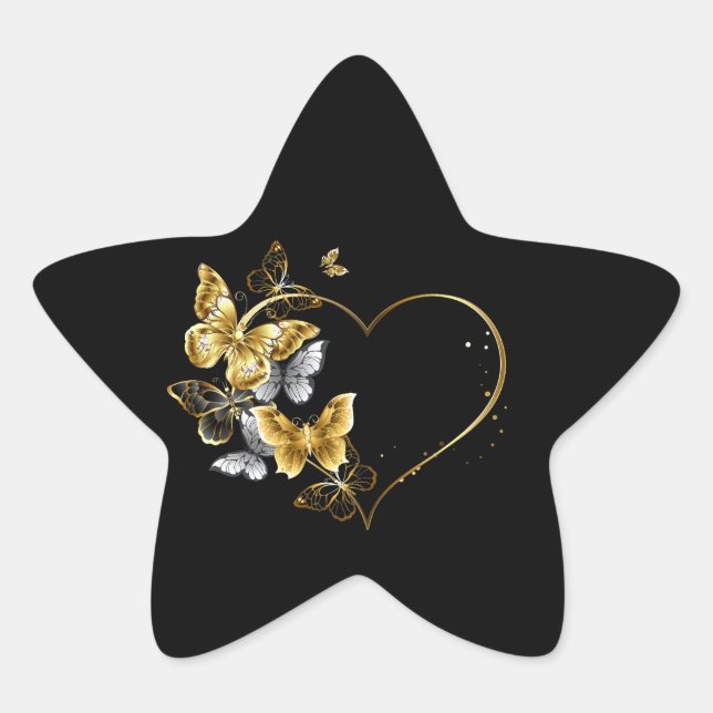 Pegatina En Forma De Estrella Corazón con mariposas doradas (Anverso)
