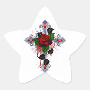 Pegatina En Forma De Estrella Cruz de Plata con una Rosa Roja