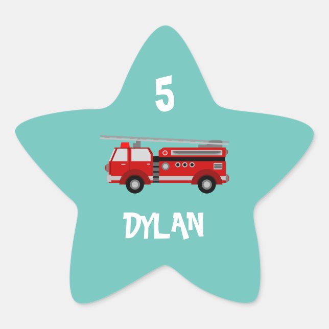 Pegatina En Forma De Estrella Cumpleaños del Fiesta del camión de bomberos (Anverso)