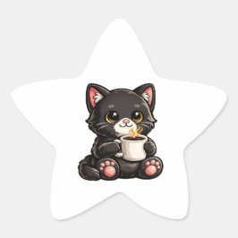 Pegatina En Forma De Estrella Cute Black Cat with Coffee