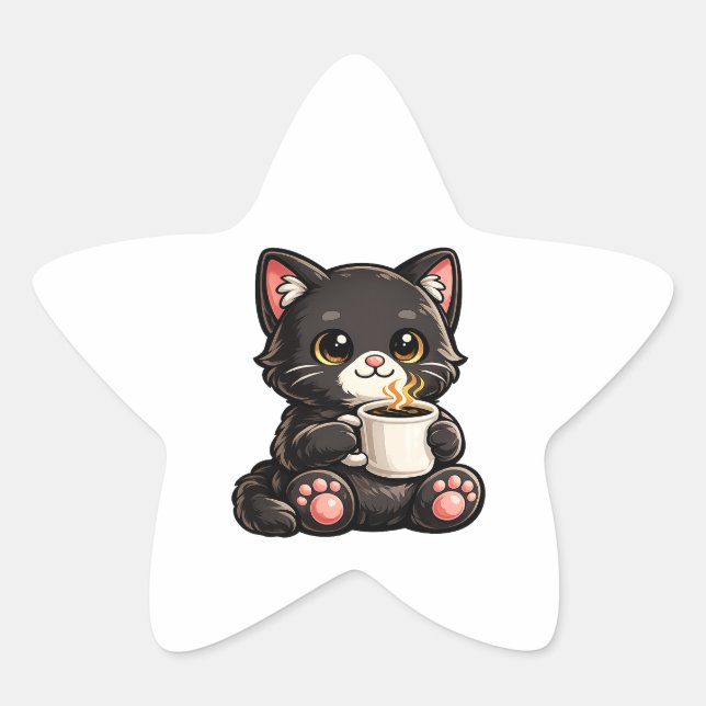 Pegatina En Forma De Estrella Cute Black Cat with Coffee (Anverso)