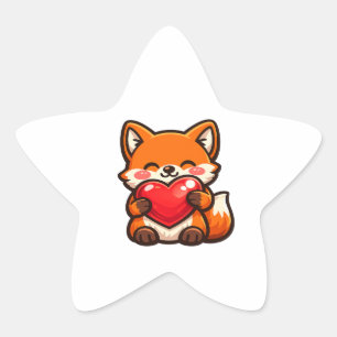 Pegatina En Forma De Estrella Cute Fox Heart – Kawaii Fox Abrazando Corazón Rojo